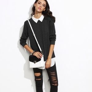 Contrast Collar Curved Hem 2-in-1 Sweater